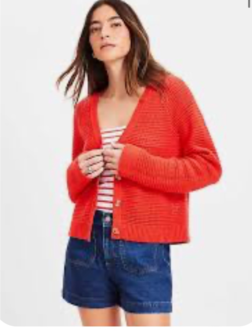 Women's Loft red knit button-up cardigan sweater
